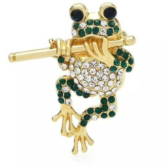 None Jewelry - Frog Pin/Pendant Playing Flute Emerald Green Crystal Pave Gold Plate NWT M217